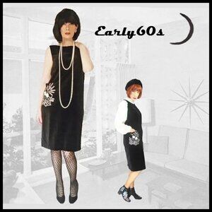 Black Velvet Dressy Shift, Dark Academia Vintage Jumper Dress Early 60s